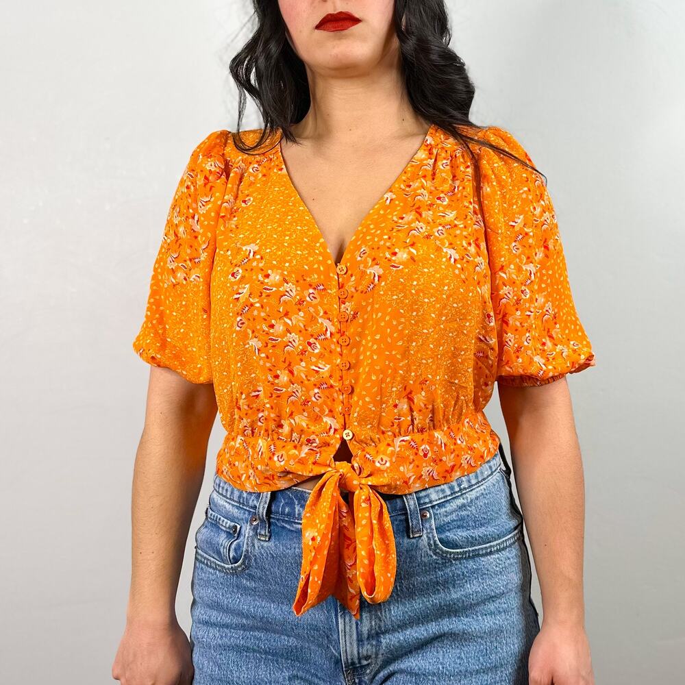 Joie Orange Cropped Tie Button Front Half Sleeve Floral Blouse